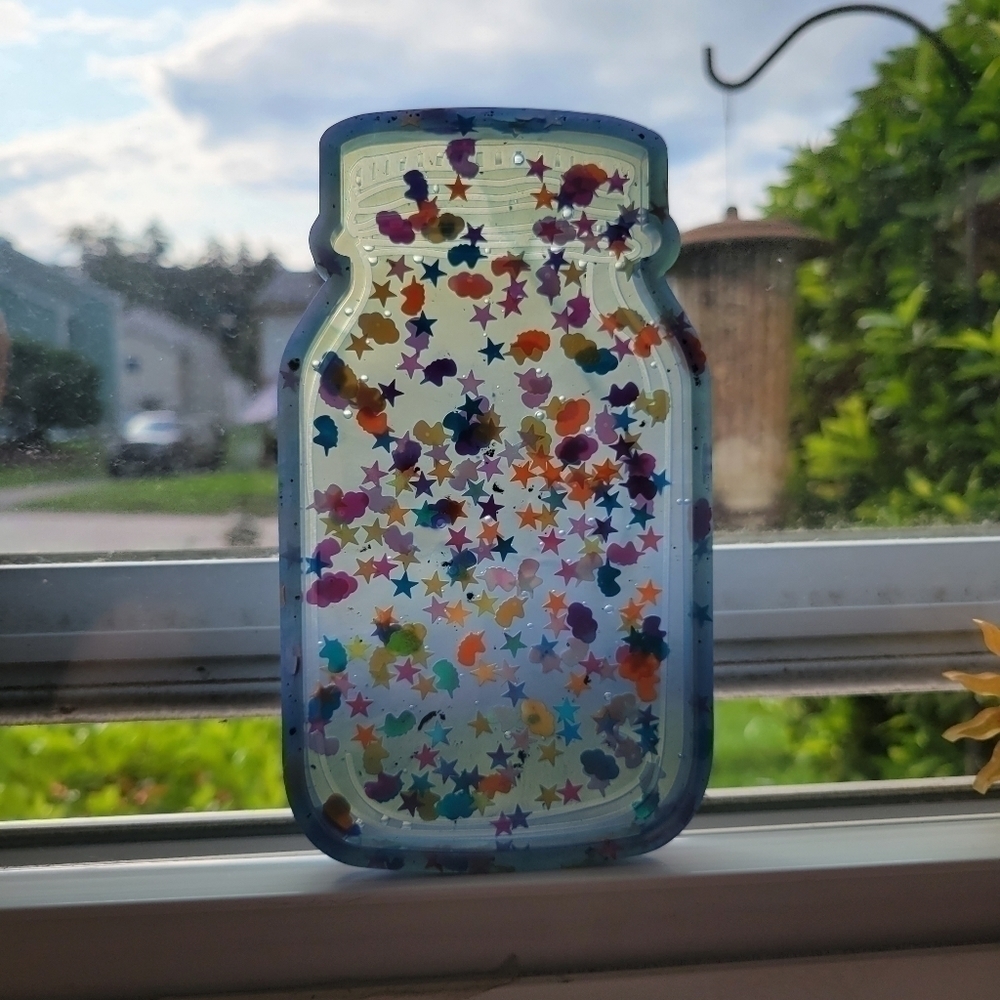 NEW Handmade Resin Mason Jar Tray With Unicorn, Star Goodies Blue Colors